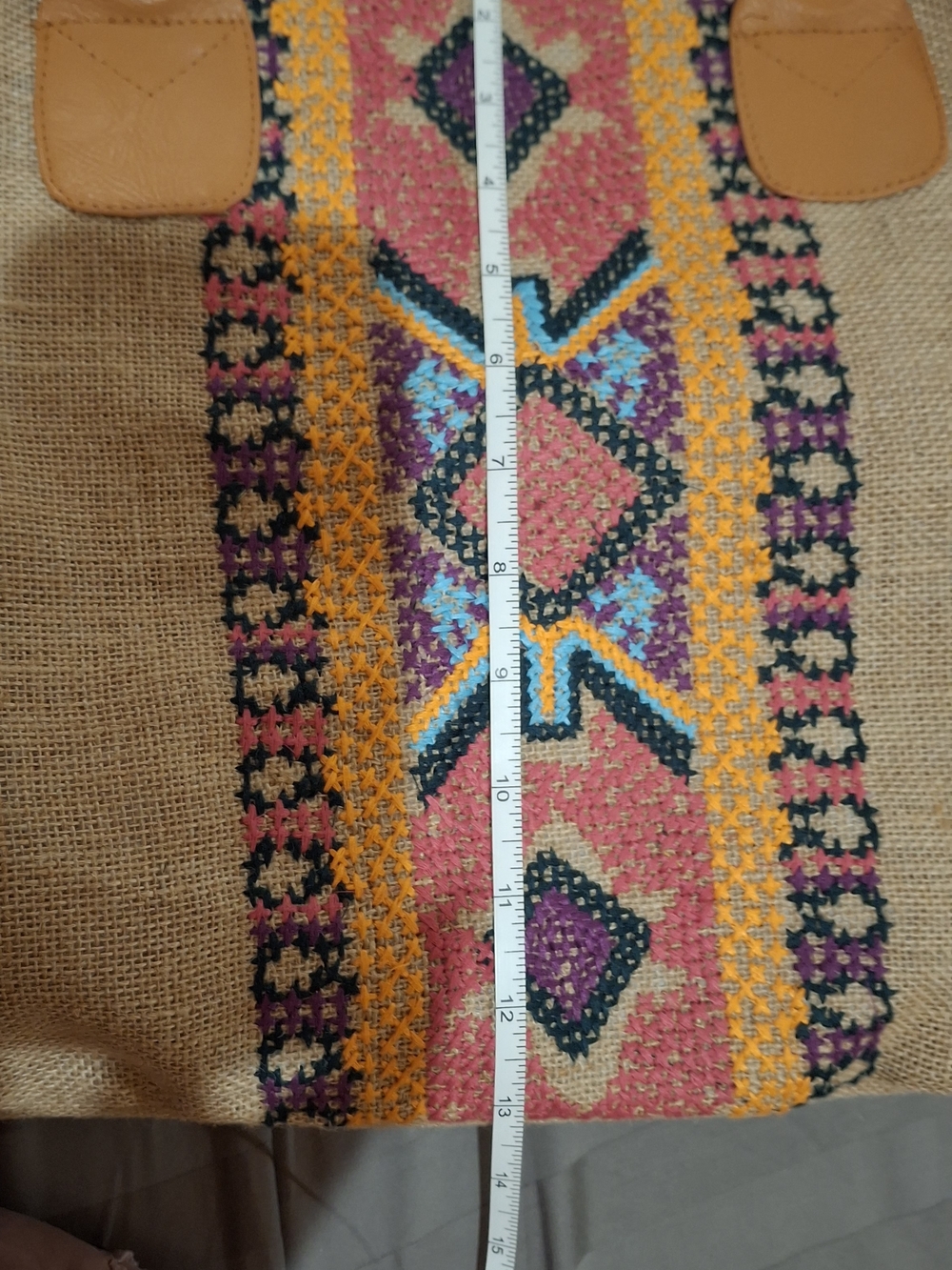 Boho Embroidered Tote Bag with Tan Handles - Multicolor Front Panel - Picture 7 of 11